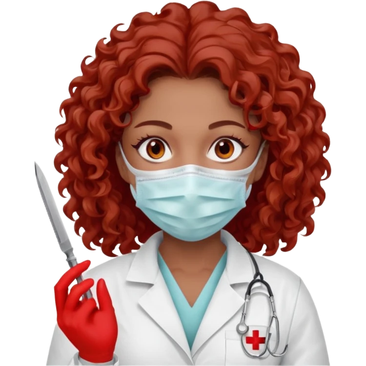Scary woman scalpel in hand, evil surgeon sexy surgeon clothes.  She has red eyes. Her  brown long curly hair. Wears sexy doctor outfit with red gloves. make her hair free and brown but have mouthy  wear  mask  to hide. Wears white surgeon jacket and  has lon* brown hair. emoji