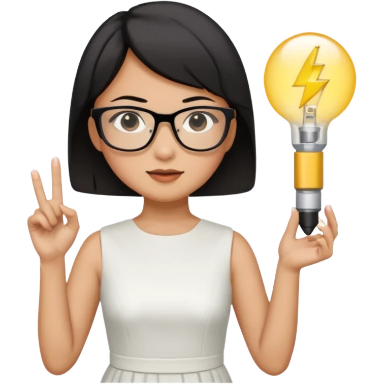 asian teacher with a white dress holding a flash with retangle glasses and black short hand  emoji