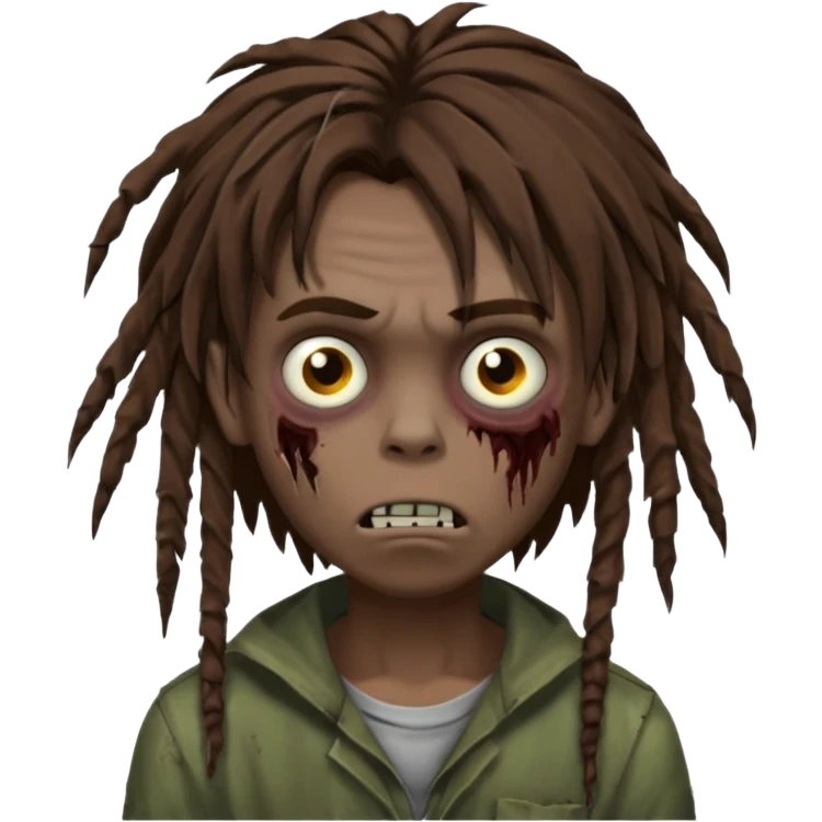 Boy, zombie, brown hair, medium long free form dreadlocks , emo, shaggy, dark, spooky, creepy expression emoji