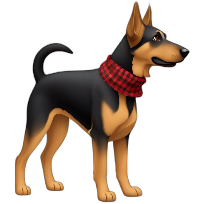 75% Coonhound 25% German Shepherd mix dog wearing small pointed red buffalo plaid bandana side view full body facing left emoji