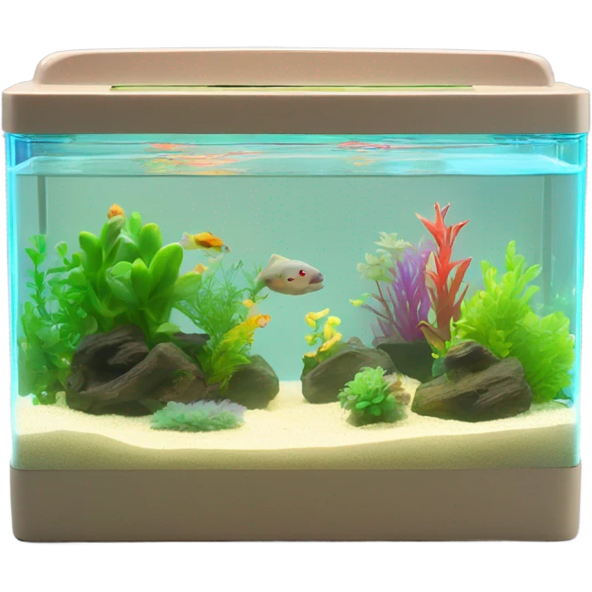Rectangular fish tank, beige lid and wedgesk with plants inside  and glow tetra fish in neon colors  emoji
