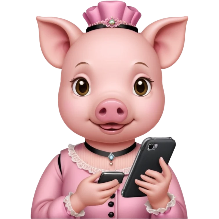girl pig in victorian pink finery scrolling on a cell phone emoji
