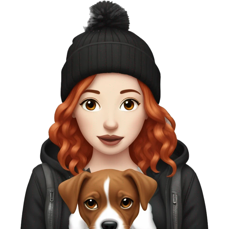 Long Red haired woman in beanie with septum piercing holding black and white English Staffordshire puppy emoji