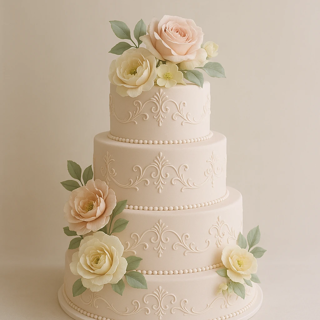 multi-tiered festive cake decorated with flowers, elegant style emoji