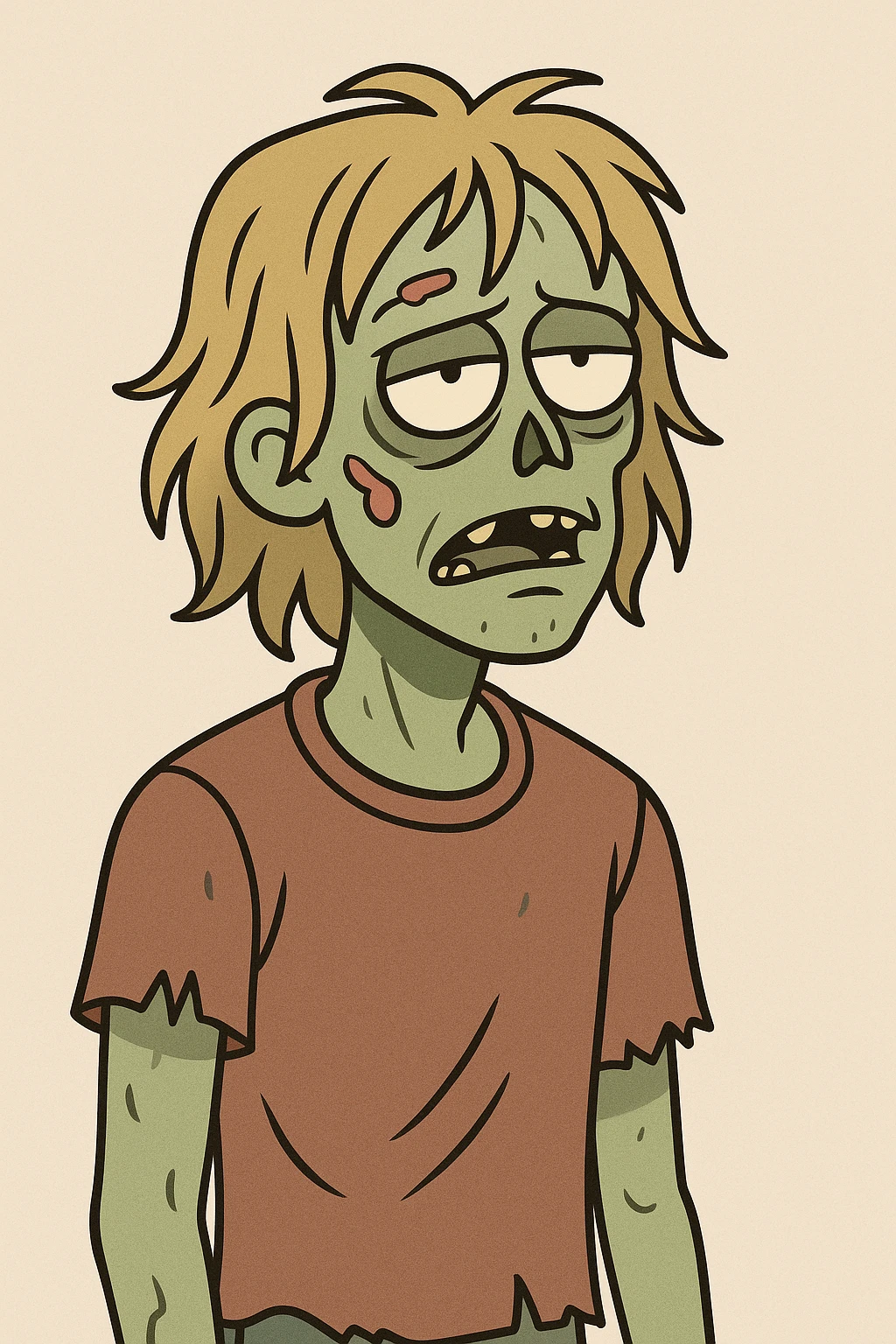 cartoon-style zombie young man with messy shoulder-length blond hair greenish skin vacant stare emoji