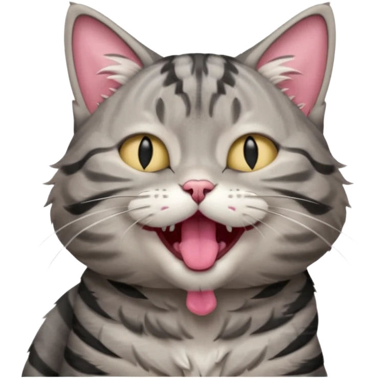 A high-resolution photo-realistic digital illustration of a solid grey tabby cat, eyes closed, head titled up yawning emoji