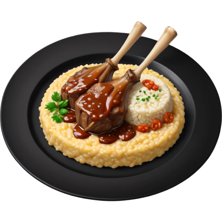 Lamb Shanks with Risotto Nero on a black plate emoji