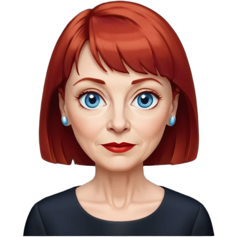 Older woman in her early 60s with fair skin, wider oval face, noticeable age lines, blue eyes, thin eyebrows, small nose, red lips, dark red hair with straight bangs, wearing a black blouse emoji