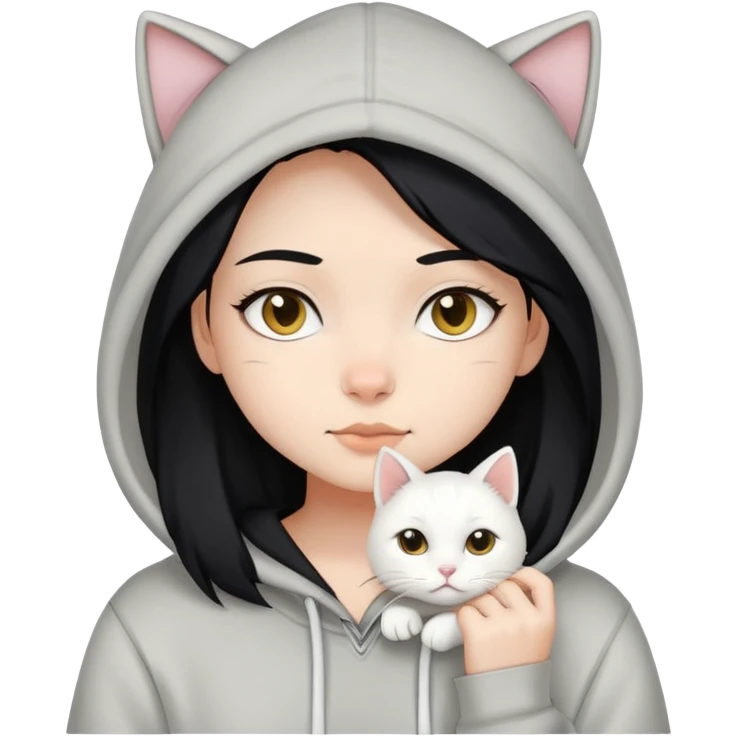 black hair girl wear hoodie with white cat emoji