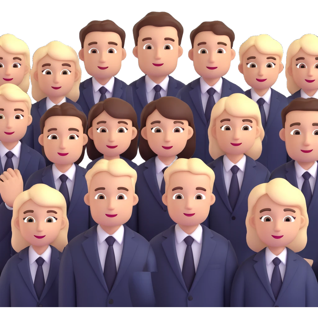 group of people in business suits, no dark-skinned individuals, with various neutral emotions emoji