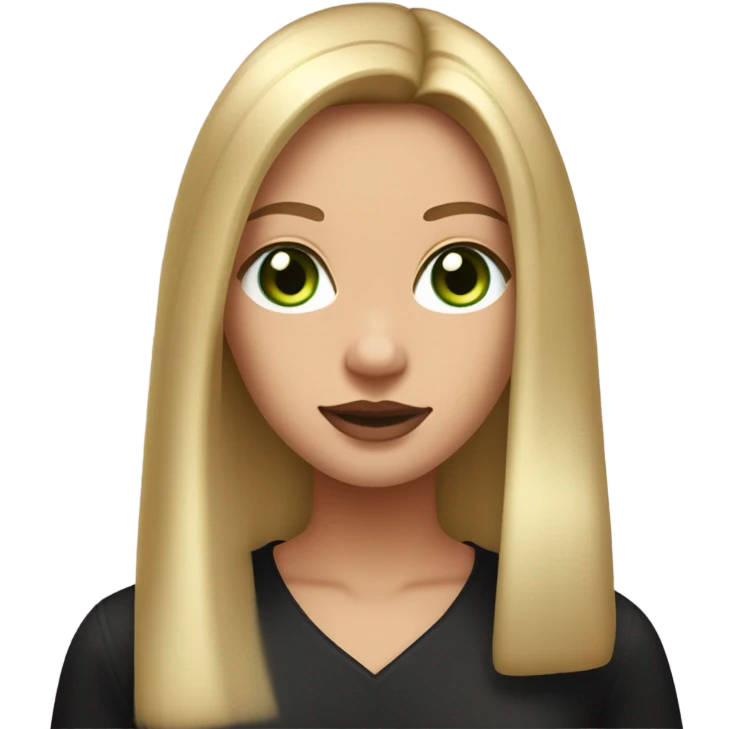Long, straight blonde hair, parted down the middle, girl, wearing black satin shirt, light tan glowy skin, green eyes and rosy cheeks with light mauve lipstick emoji