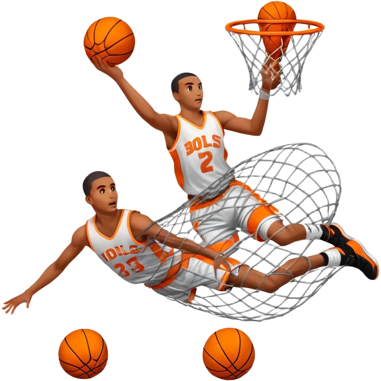 Multiple exposure effect showing basketball at different positions going through net, motion sequence, iOS emoji style emoji