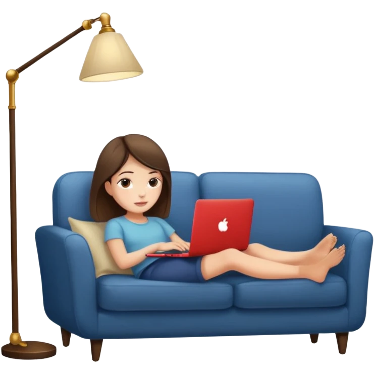 A girl is working with a laptop while lying on a sofa, with a floor lamp to the right. emoji