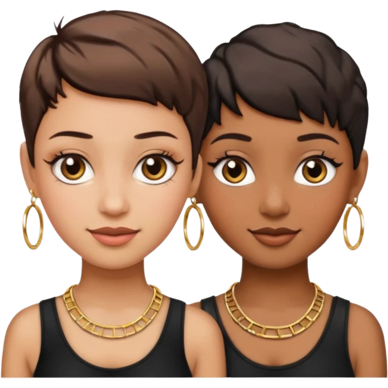 Do two best friend emojis one brown skin one fair skin with pixie cuts with big hoop earrings and gold necklace wearing black and lash extension emoji
