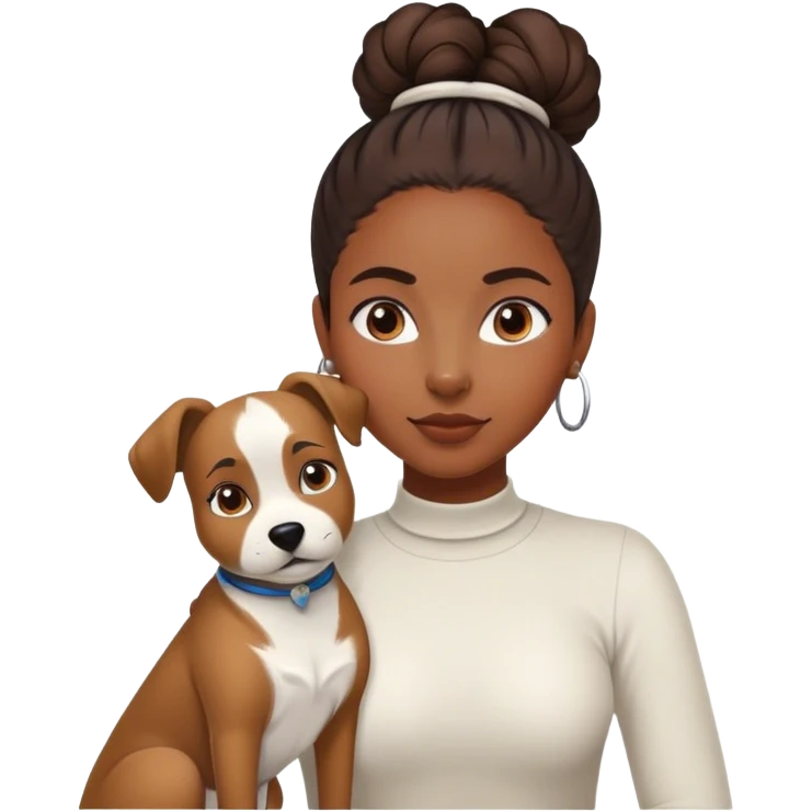 smart, 30 year old, brown African girl, back bun hairstyle, with one big white brown dog emoji
