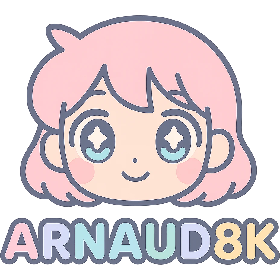 Logo 'Arnaud8K' with manga/anime vibe, inspired by Gakuyen, bright colors, catchy style for young audience, no video reference emoji