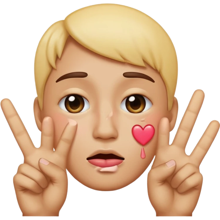 Emoji face crying while doing a kissy face holding up the peace sign emoji