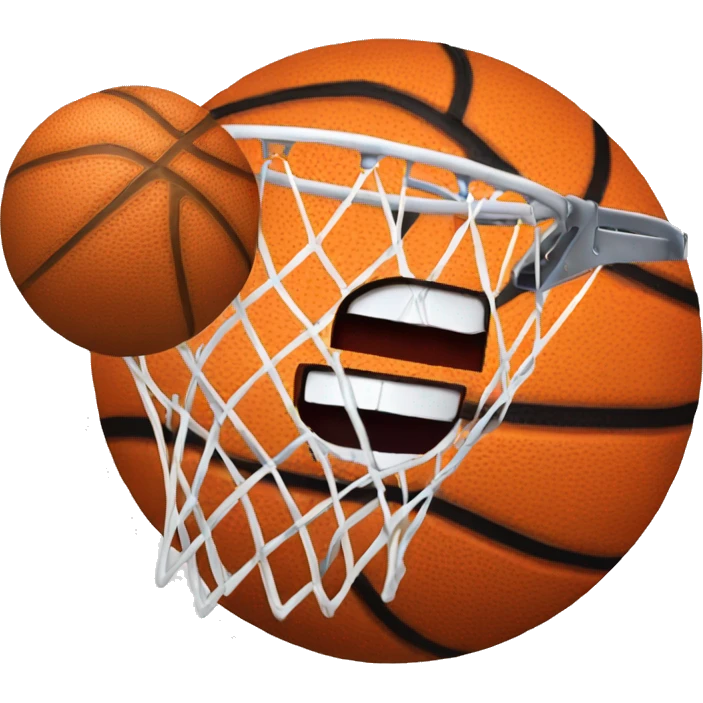 A basketball emoji dunking itself through a hoop with a happy grin emoji