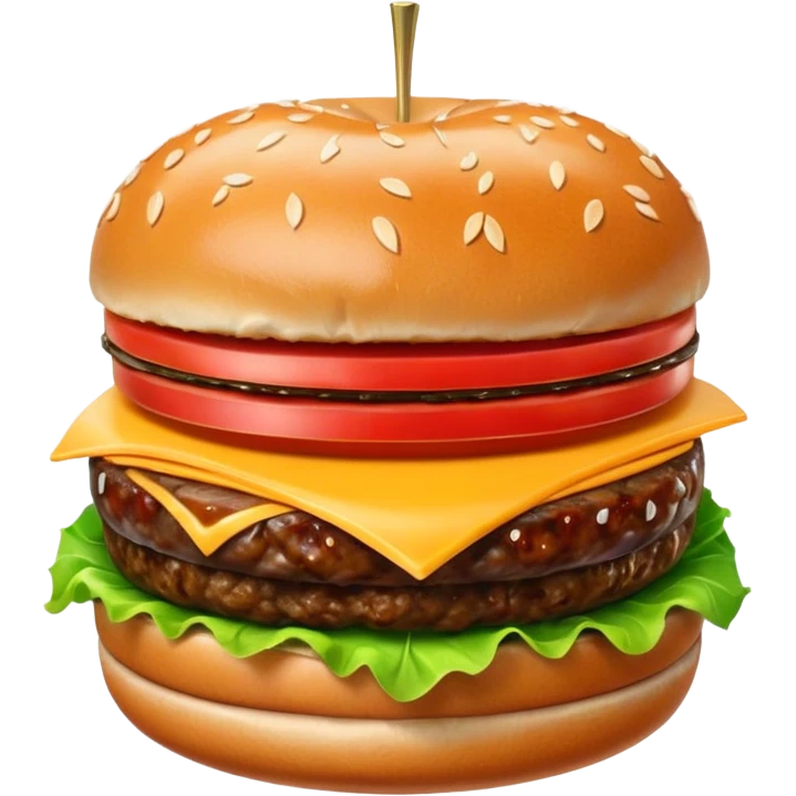 A classic single patty hamburger emoji, 3D Apple style, glossy and colorful. Soft rounded bun with sesame seeds, one beef patty, fresh lettuce, tomato slice, melted cheese, realistic but cartoonish look, clean white background emoji