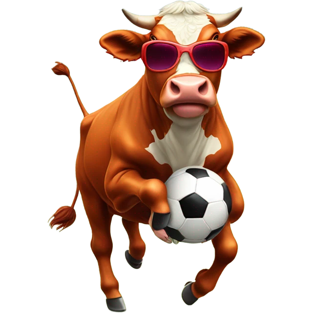 A red cow wearing goggles and kicking a football emoji