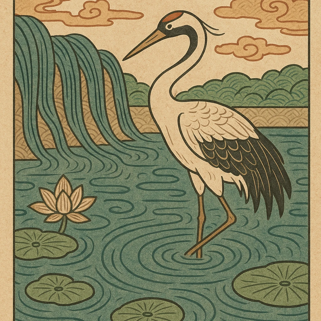 crane bird standing in a pond, ukiyo-e style illustration emoji