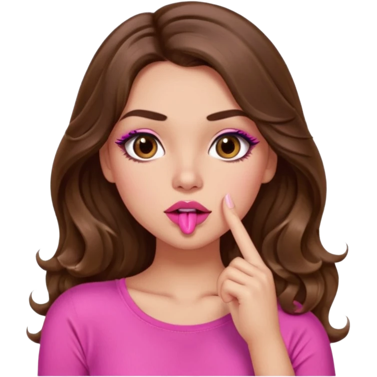 girl with long wavy brown hair, brown eyes, light to medium complexion, in a pink sexy top, pink puckered lips, long lashes, shushing emoji