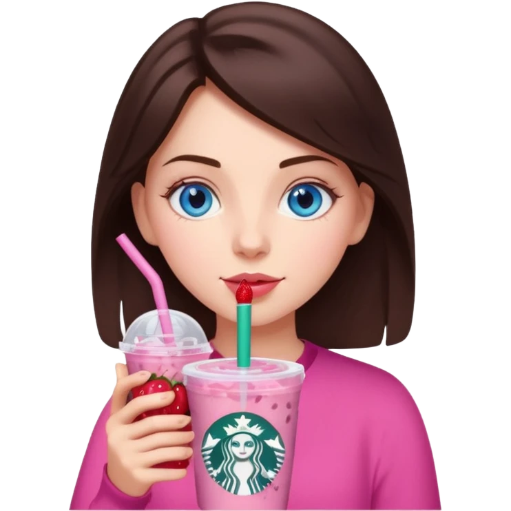 make an emoji of a brunette blue eye girl wearing pink drinking a strawberry acai refresher from starbucks emoji
