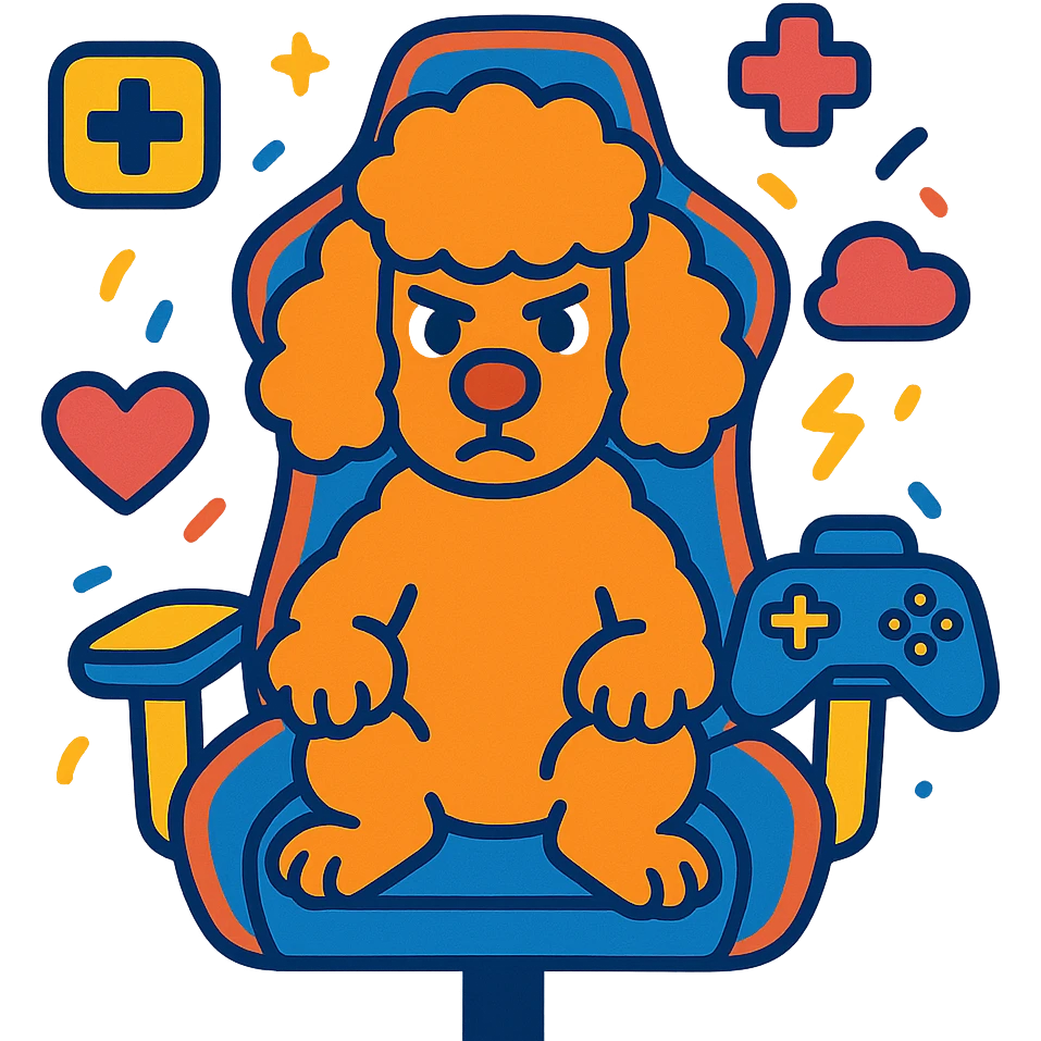 poodle dog in a gaming chair with focused expression surrounded by game icons, vibrant colors emoji