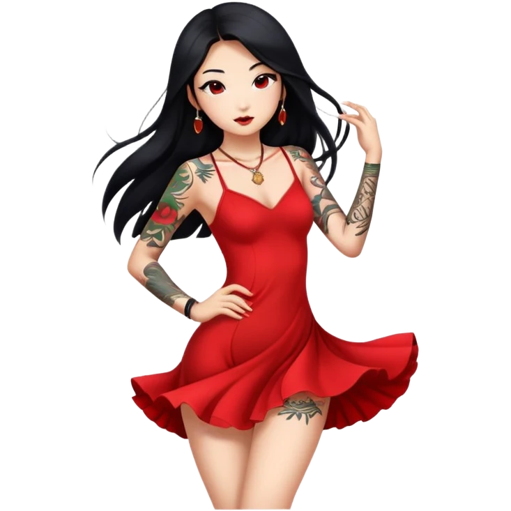Beautiful Asian girl with long black hair and body tattoos wearing red sexy dress dancing emoji