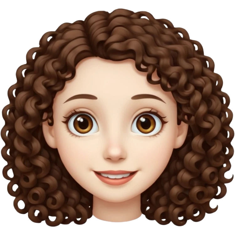 Light brown eyed female with pale skin. She has big eyes, curly and long dark brown hair and thin lips smiling. emoji