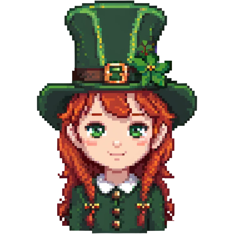 girl with red hair and brown eyes with a leprechaun emoji