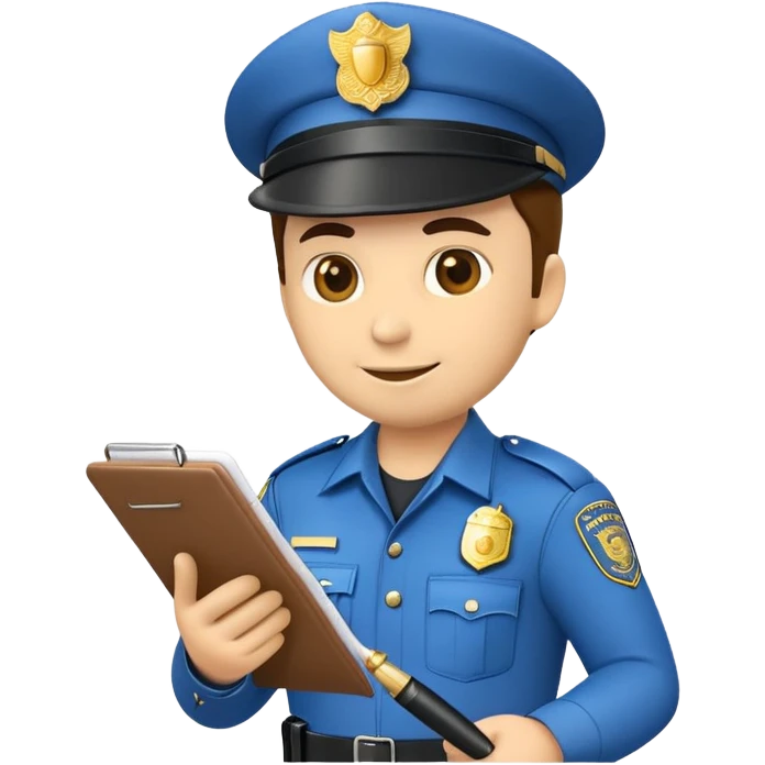 An emoji of a traffic police officer writing a ticket. The officer wears a traditional uniform with a hat and badge, holding a notepad and pen. The design is simple, cartoonish, and emoji-like, with a neutral yet authoritative expression emoji