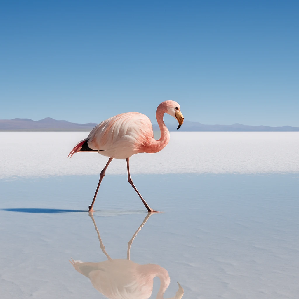 flamingo walking on the Uyuni salt lake, reflection in salt water, natural mystery and peacefulness emoji