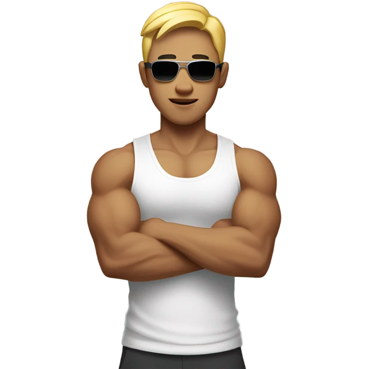 asian personal trainer short golden hair white vest man flexing bicep sunglasses emoji