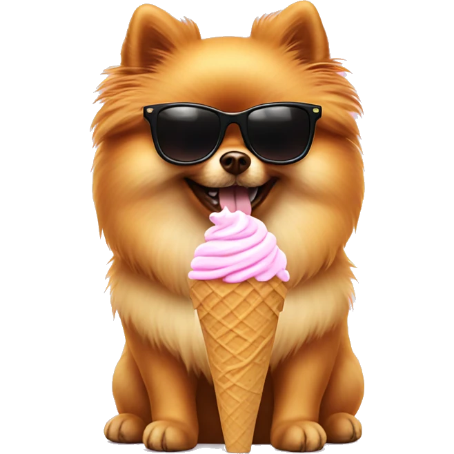 Pomeranian with sunglasses eating ice cream emoji
