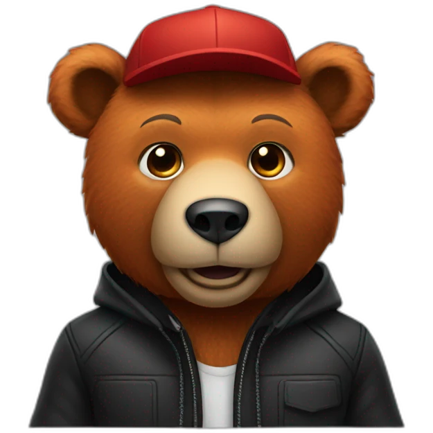 A red bear with black jacket and a black cap emoji