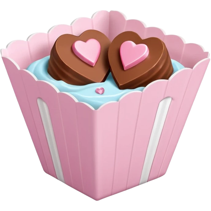Two sharp-edged square milk chocolate pralines placed diagonally, each in a white fluted paper candy cup, with smooth glossy coating.
Flat thin pastel pink heart icing centered on top with subtle sugar crystal sparkle, clean studio lighting, pure white background, realistic minimal emoji-style. emoji