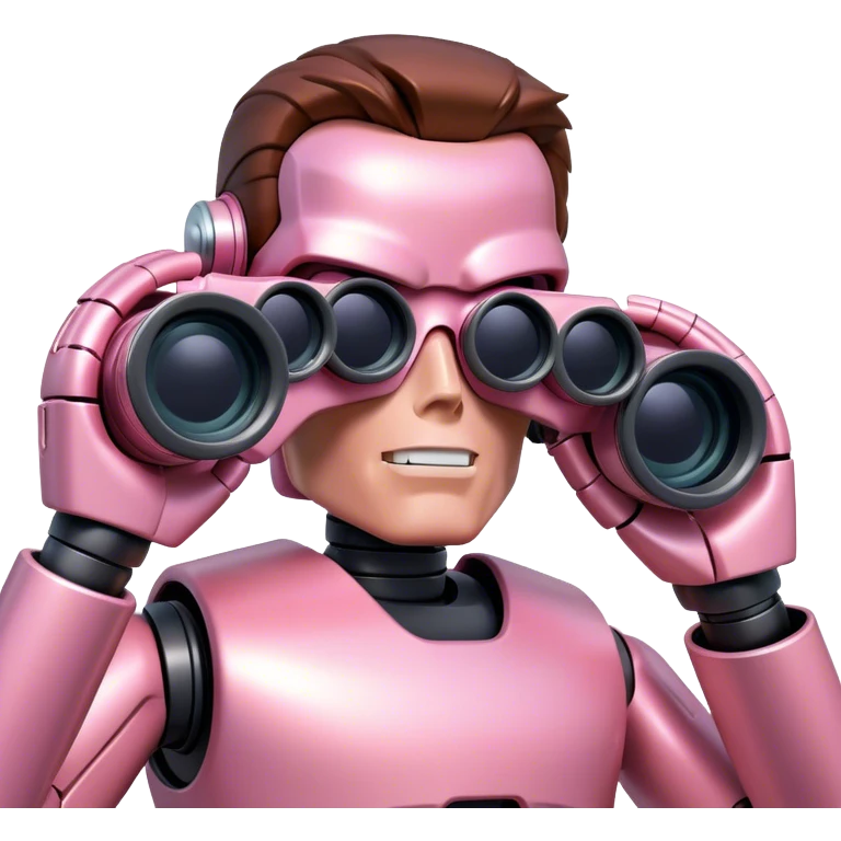 schwarzenegger-looking pink robotic terminator looking through binocular, viewed from an angled perspective emoji