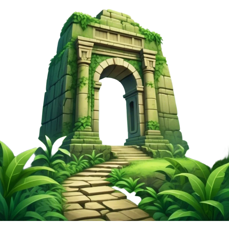Icon for Adventure Movie: A vintage movie poster-style design with a jungle clearing path, dense foliage surrounding it. In the distance, ancient ruins peek through the trees. The atmosphere is mysterious and adventurous, with soft light cutting through the trees. Transparent background. emoji