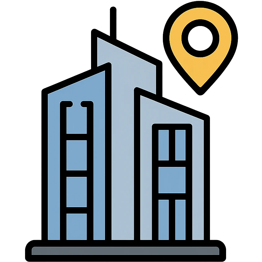 premium location icon, modern glass skyscraper, silver and blue shades, premium, urbanism, concise style emoji