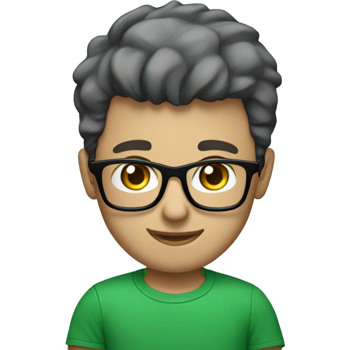 white young man with square glasses and blue eyes wearing green t-shirt using laptop  emoji