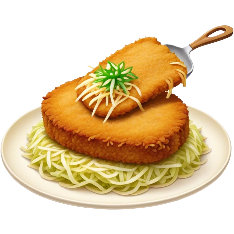 Cinematic Realistic Tonkatsu Dish Emoji, featuring a golden, breaded pork cutlet served with shredded cabbage rendered with rich textures and vibrant, dynamic lighting. emoji