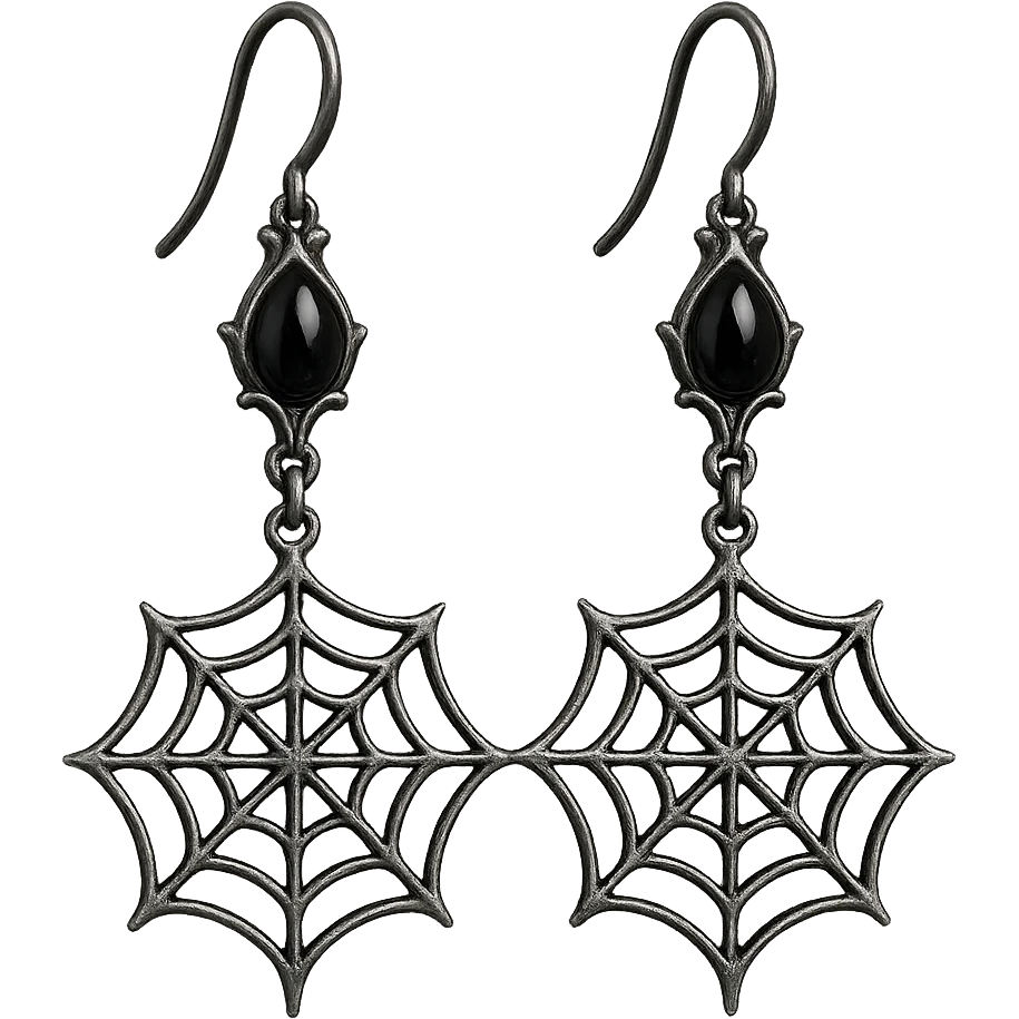 goth earrings, spider web design, silver and black, elegant gothic emoji