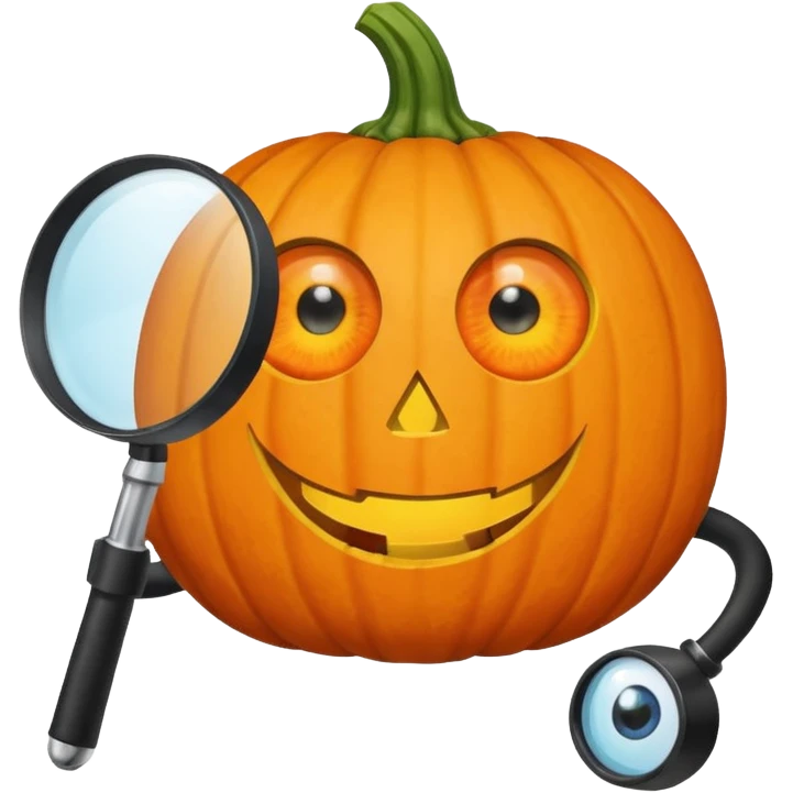 A pumpkin smiling at a magnifying glass (the magnifying glass has limbs and a suit thats black, the magnifying glass also has a eye, looks like a cyclops eye, one eye in the middle) emoji
