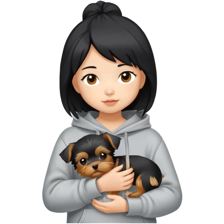 a black-haired Chinese girl in a gey hoodie with a yorkie puppy emoji