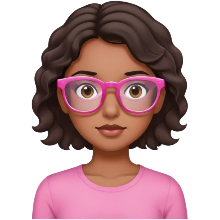 Brown brunette girl, with black wavy hair, black eyes, pink rectangular glasses and pink top rolling her eyes emoji