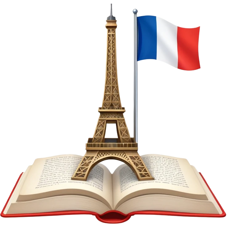 An icon featuring the Eiffel Tower and the flag of France, symbolizing the French language. The design includes an open book with French text, representing language learning and French culture. Transparent background highlights the elegance of the French-speaking world. emoji