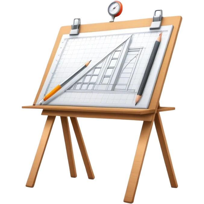 Sleek icon for Architecture: engineer's drawing board with 3D model of the building,  pencil, architect's easel, rulers and protractor. Transparent background. emoji