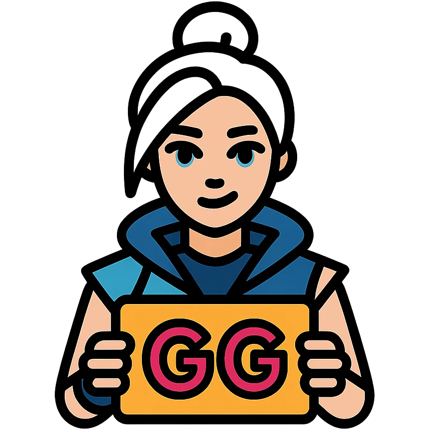 Resize the image to 500x500 pixels and ensure the file size is under 1 MB. Keep Jett from Valorant holding 'GG' text vibrant and energetic in a lineal color icon style with black outlines. emoji