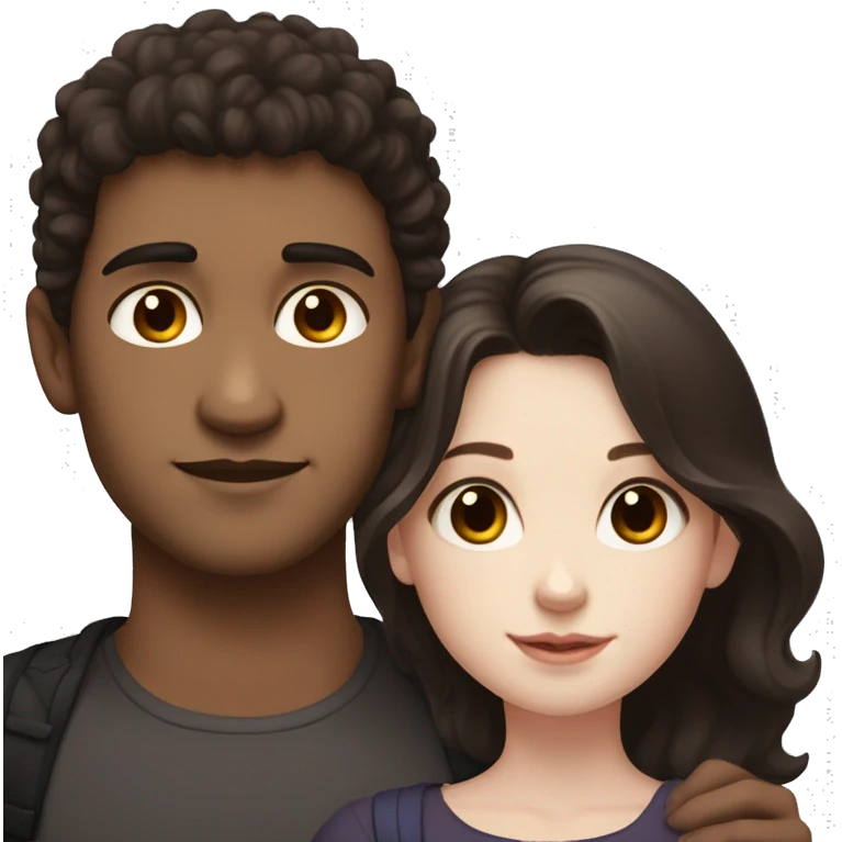 A dark brown haired girl with hazel eyes and pale skin and a poofy super dark-haired boy with brown eyes and pale skin cuddling emoji